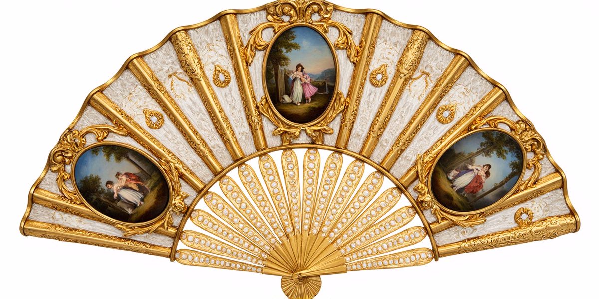 Золотой веер с миниатюрами (XVIII век, Франция)