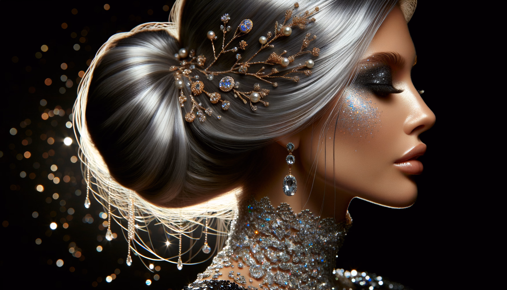 Блестящие корни: глиттер и металлический шелк в причёске.