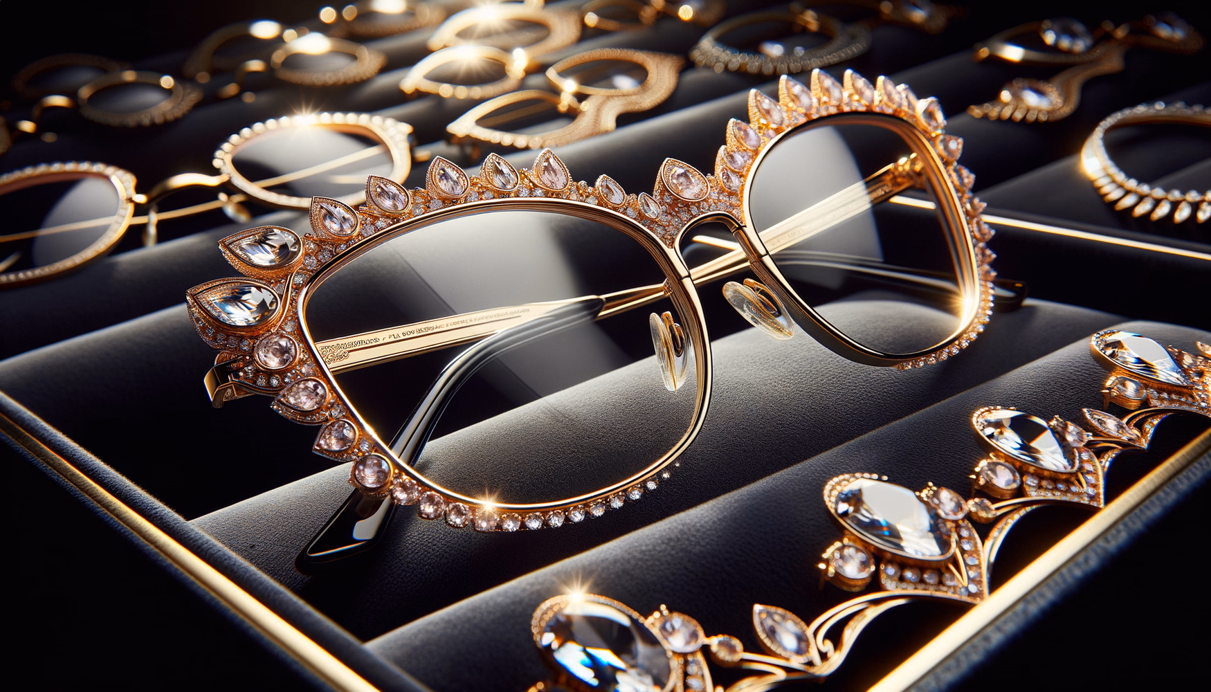 Декор на очках: кристаллы и металл на дужках и линзах.