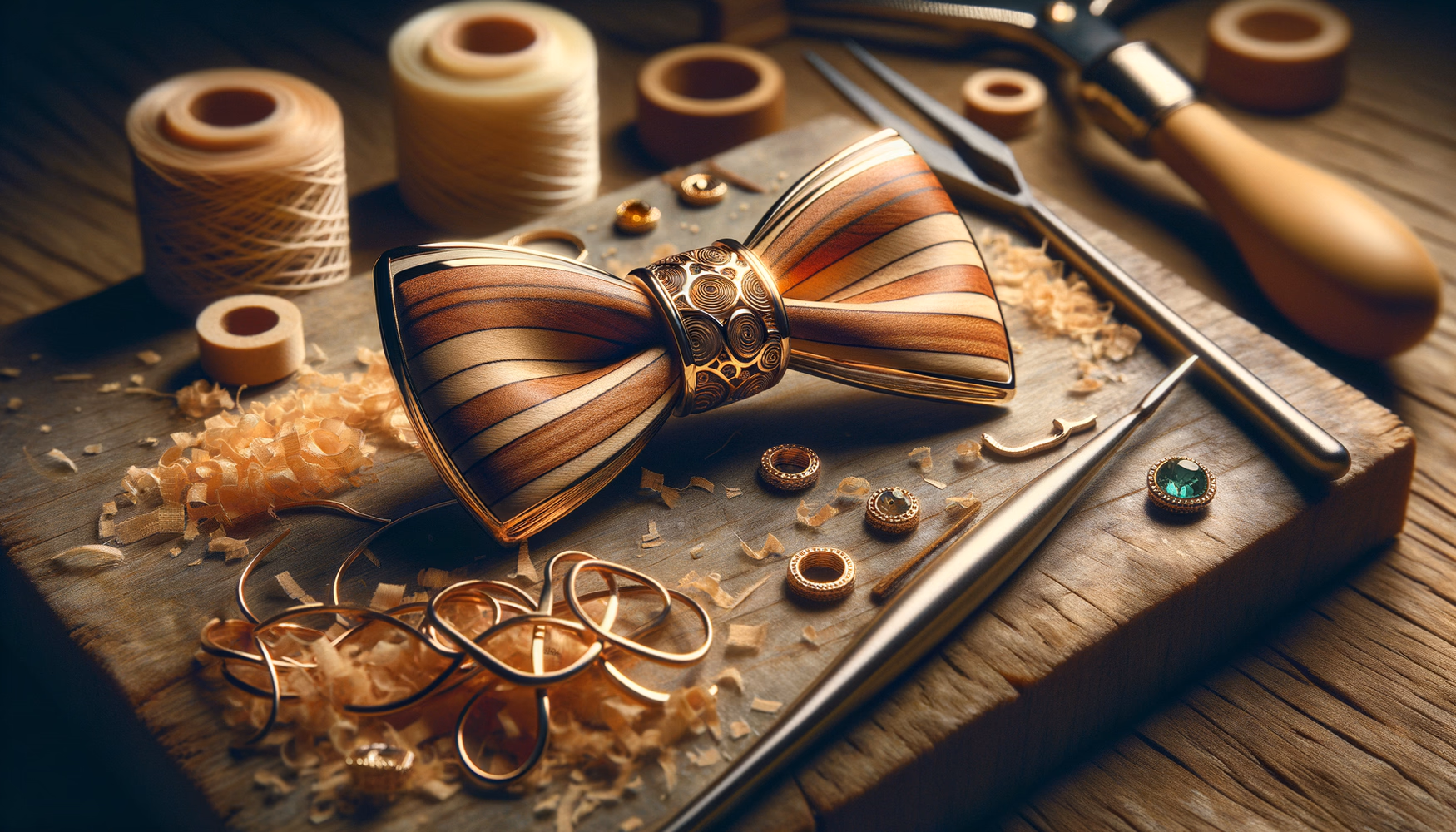Галстук-бабочка из дерева и металла: микс материалов.