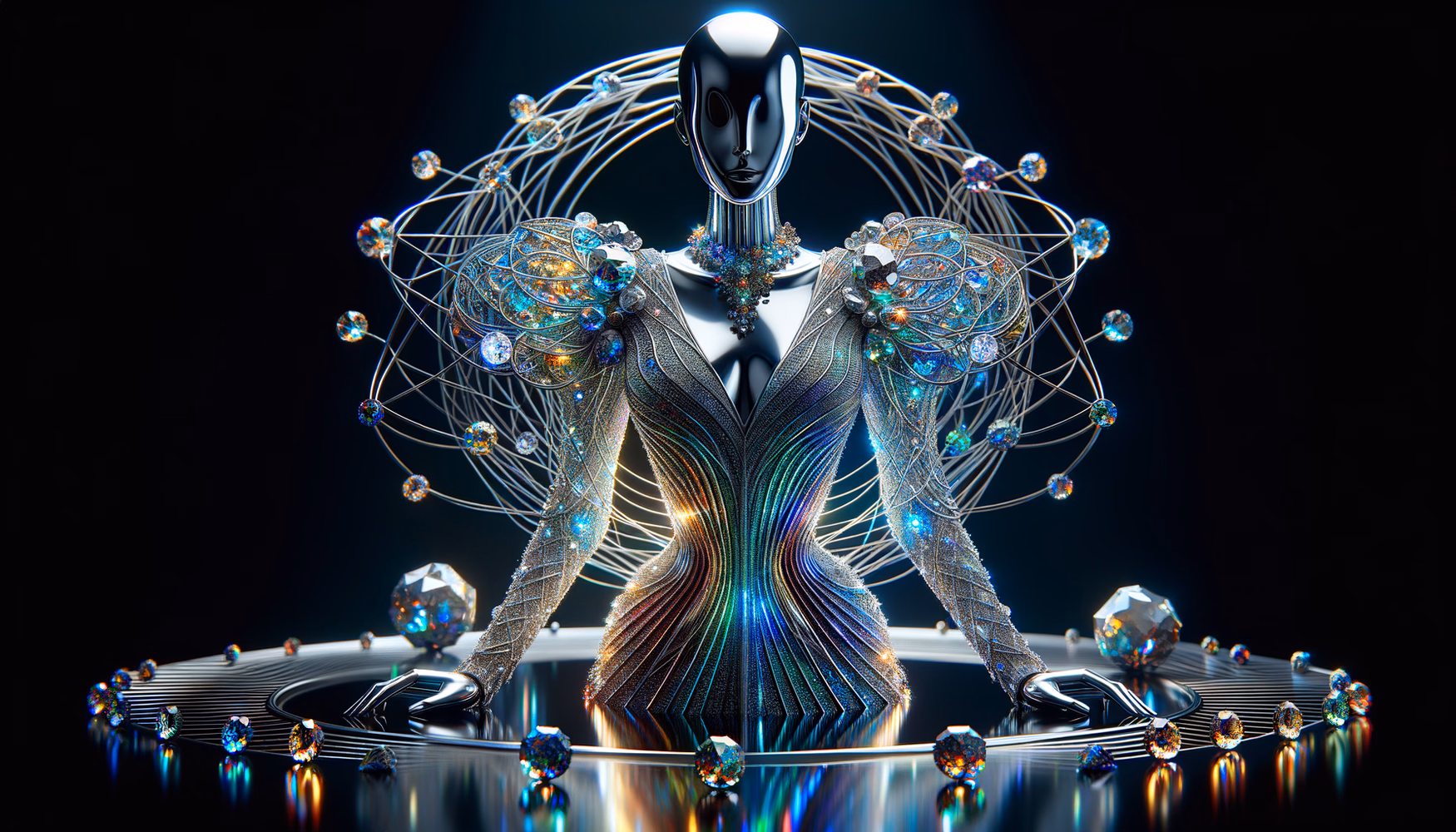 Голографические металлизированные ткани в футуристических платьях.