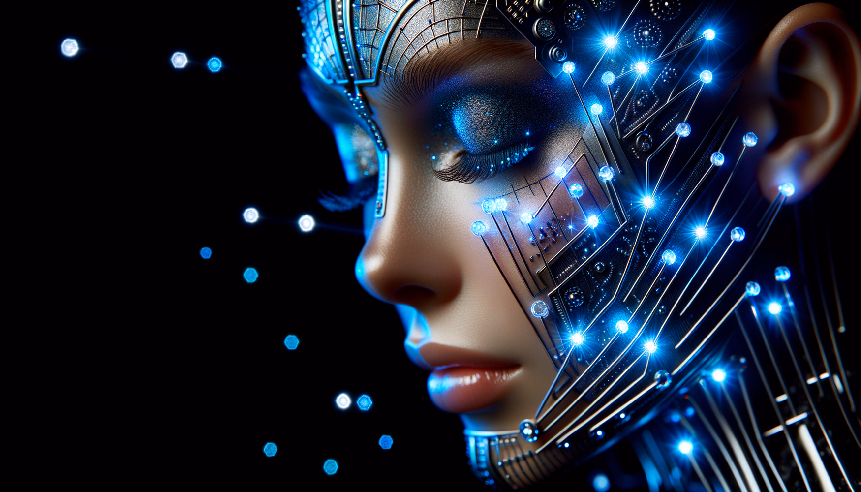 Кибер-грим: LED-элементы и проводки как часть макияжа.