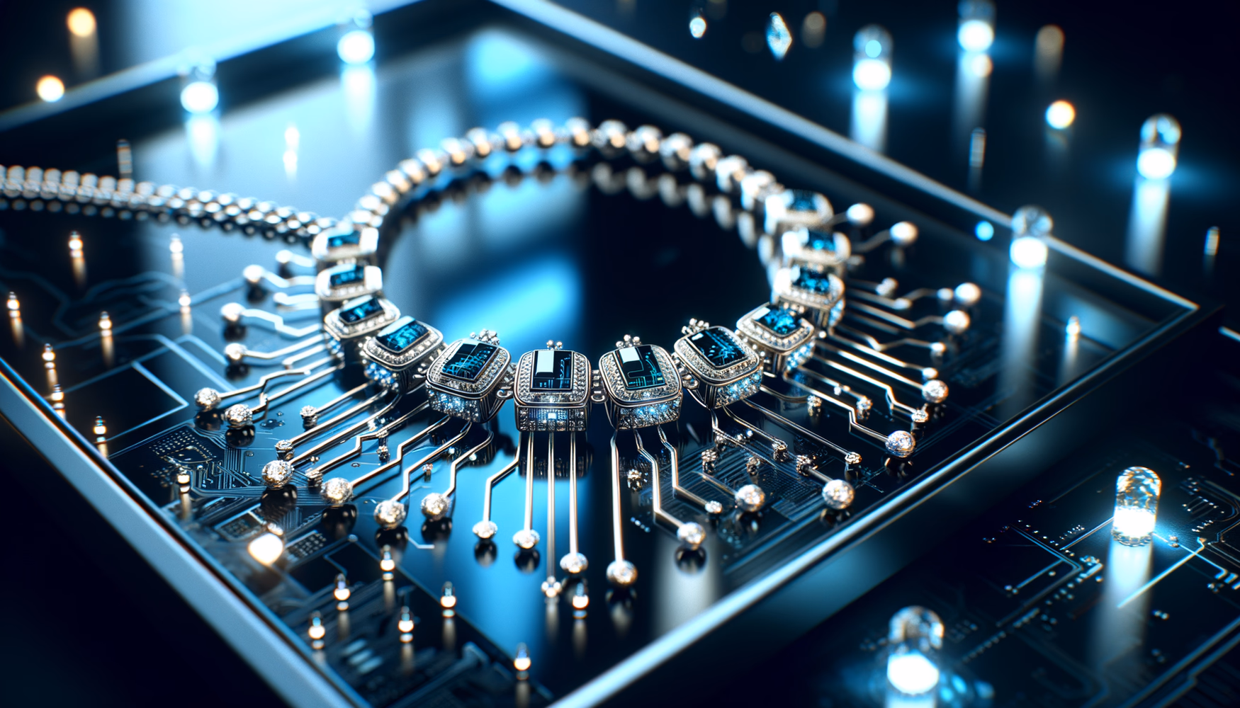 Киберпанк-эстетика: светящиеся схемы и микрочипы в аксессуарах.