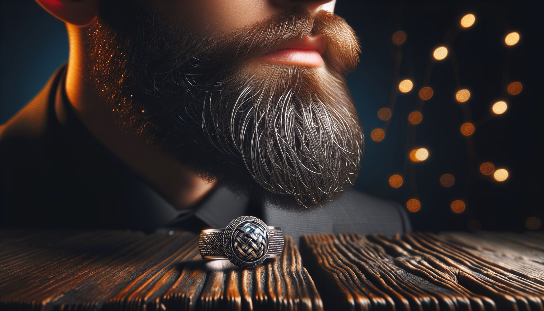 Металлические элементы для бороды: кольца и бусины в мужском образе.