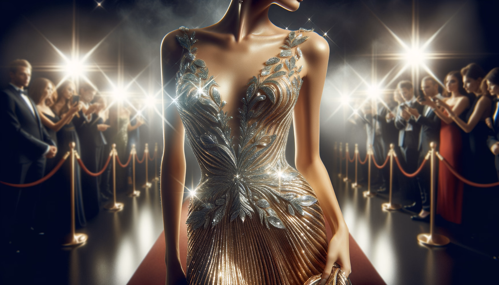 Металлические вечерние платья на ковровых дорожках.
