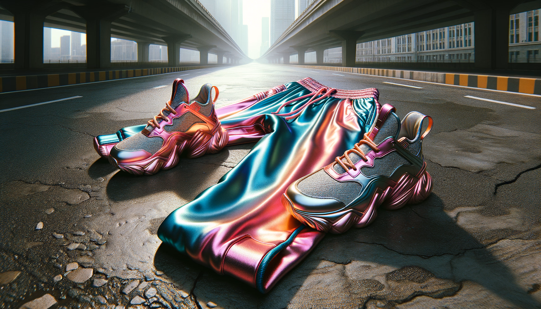 Неоновые металлические спортивные брюки в уличной моде.