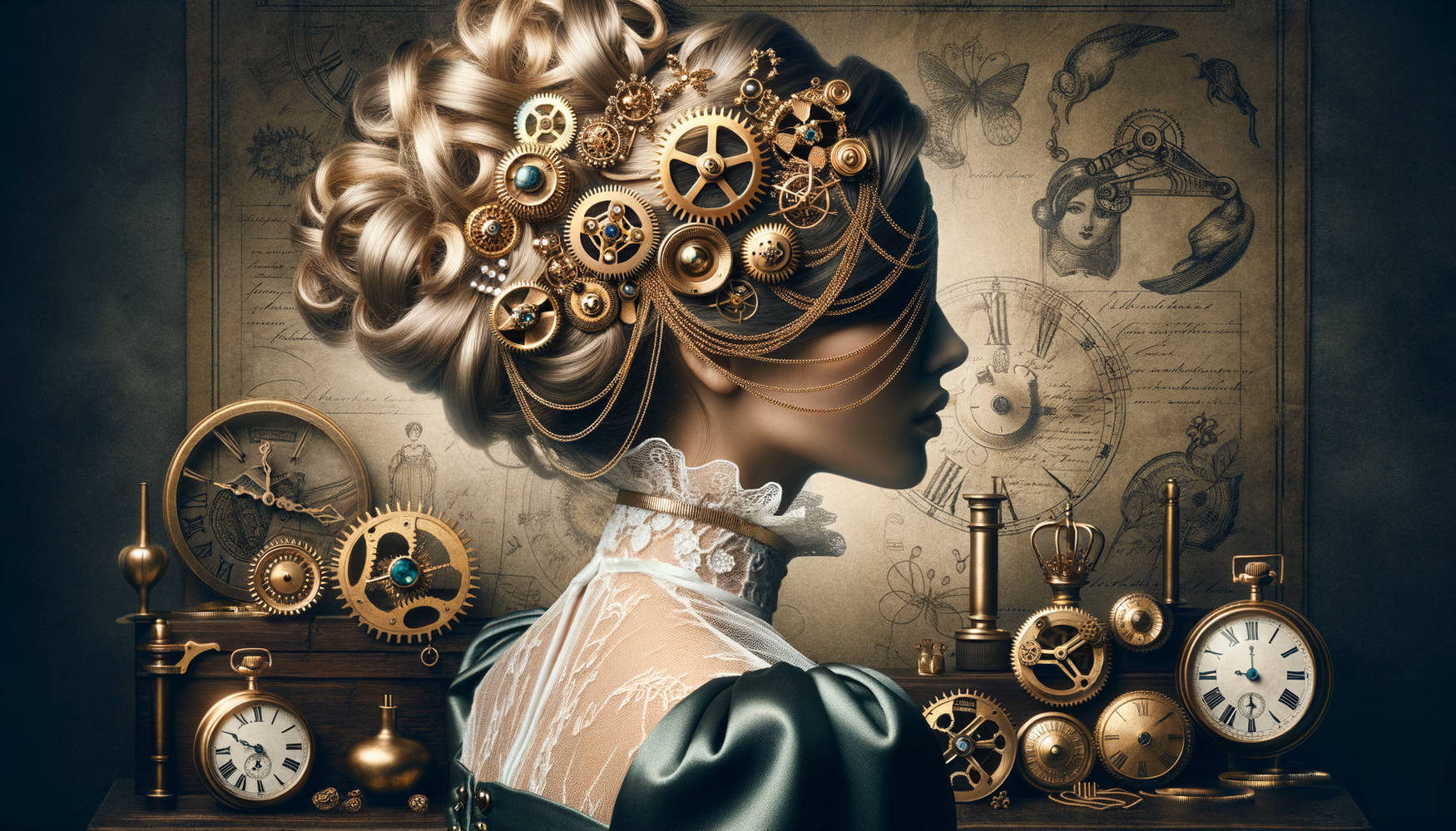 Стимпанк-прически: шестерёнки и цепочки в волосах.