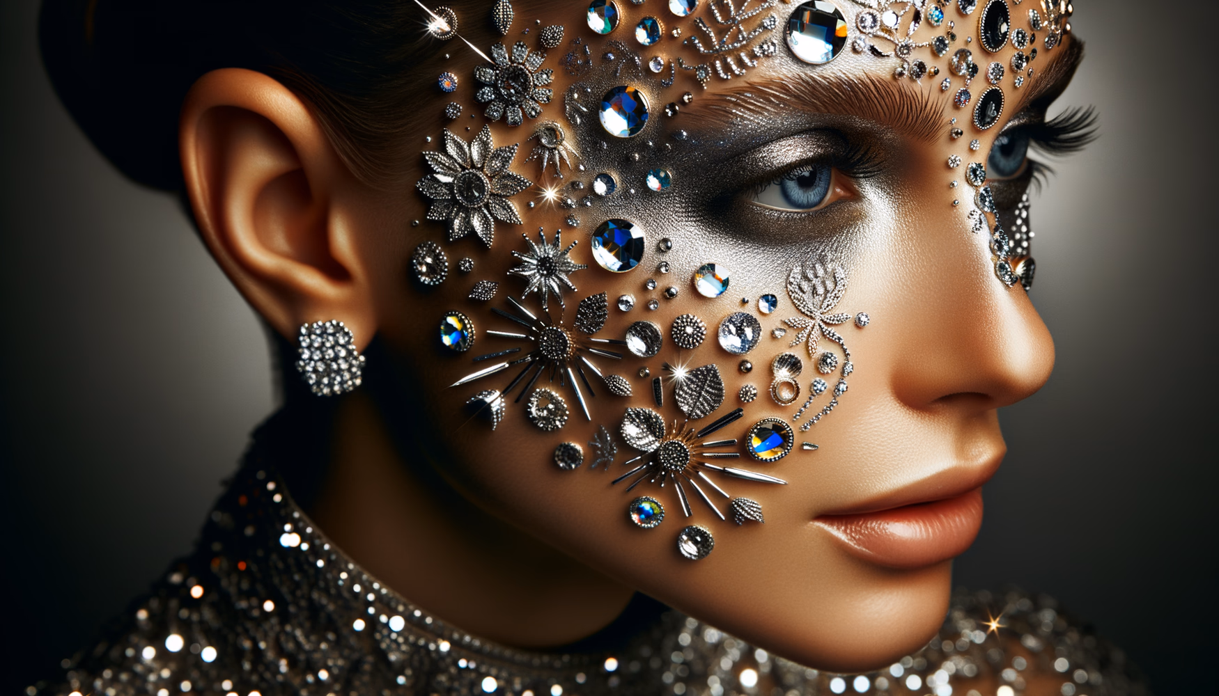 Вечерний образ: металлические стразы на лице и теле.