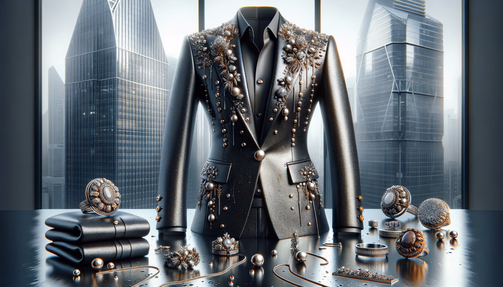 Женский брючный костюм с металлическими акцентами: power-dressing нового уровня.